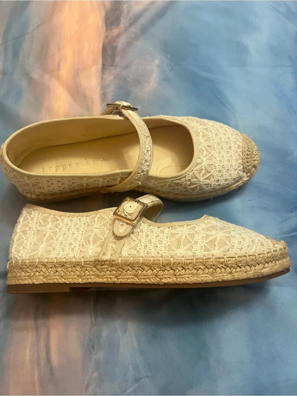 Copper Key Beige Crochet Espadrille Mary Jane Flats